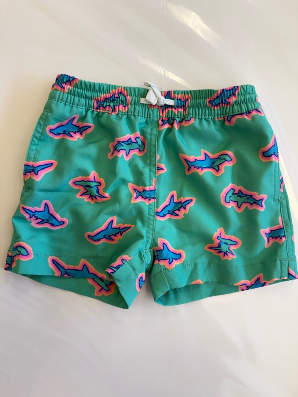 Chubbies Green Swim Shorts with Pink & Blue Shark Print